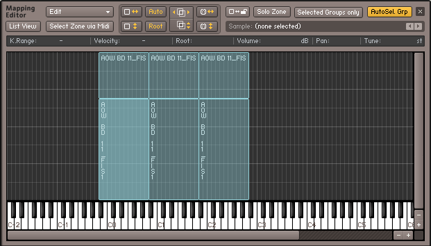 The Mapping Editor, displaying the Zones of an Instrument which contains 3-layer velocity switches throughout its playable range.