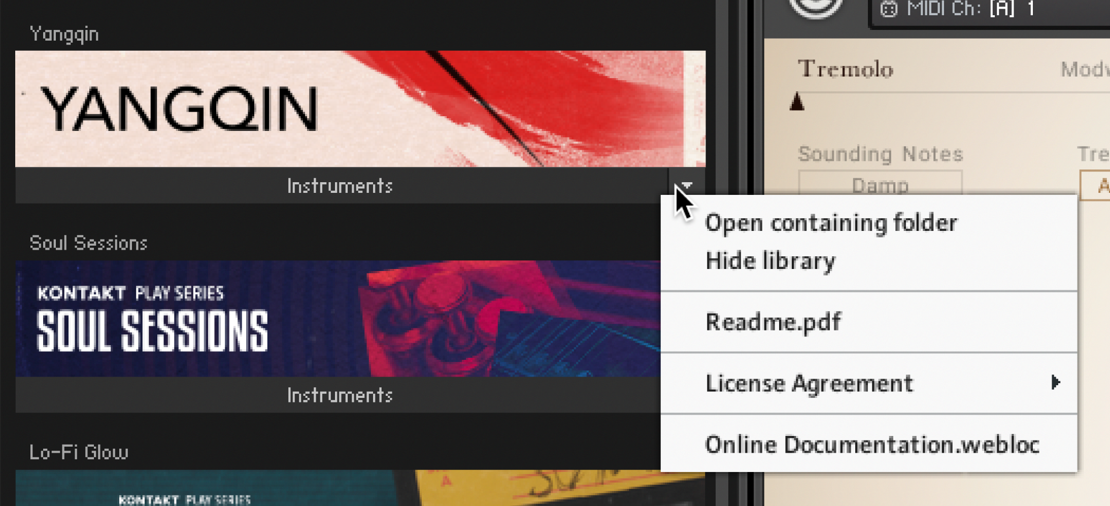 The Kontakt browser with the function menu of the instrument Yangqin expanded.