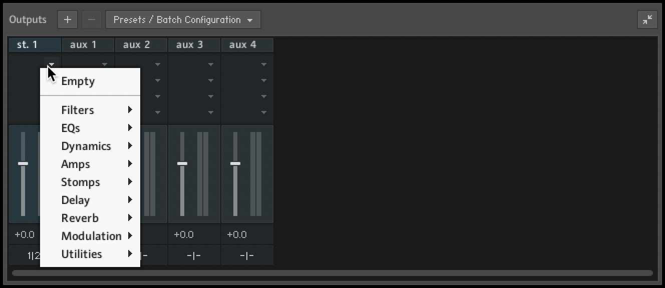 The Output section with the first channel insert slot expanded, showing different effect categories to load an effect from.