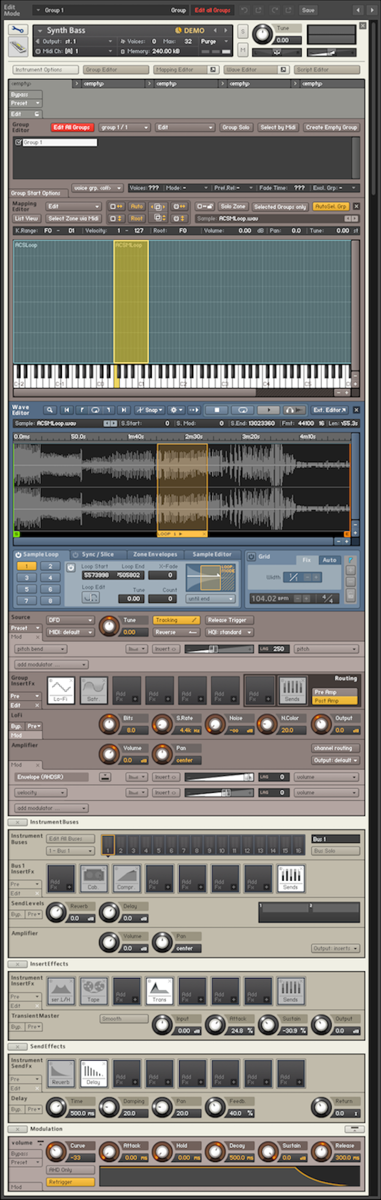 The Instrument Edit Rack, with all editors and panels expanded.