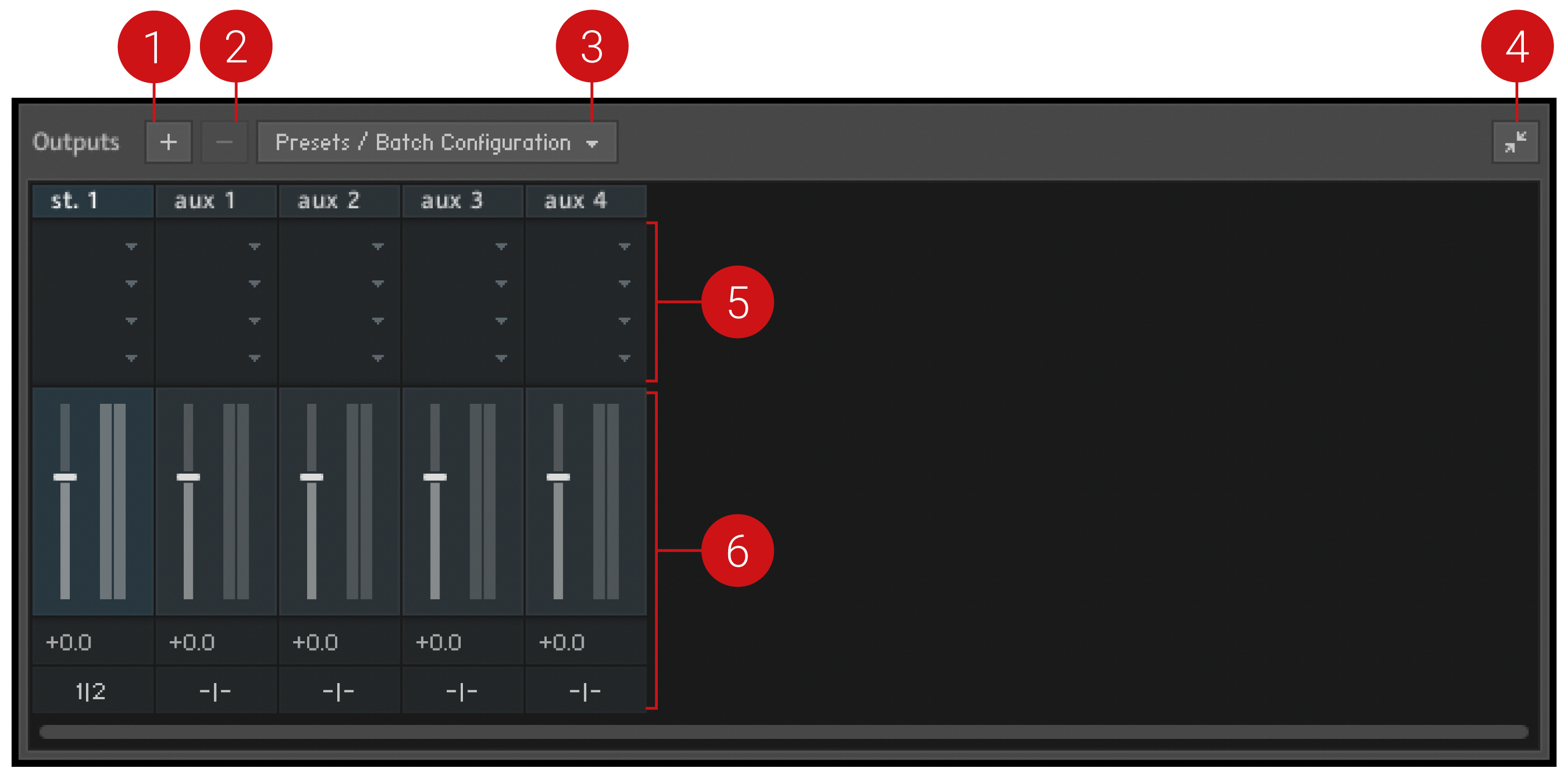 The outputs section with various areas highlighted. The areas are described below.