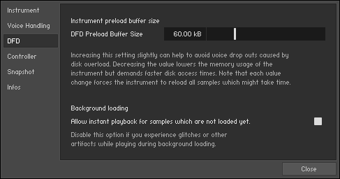 The DFD tab of the Instrument Options dialog.
