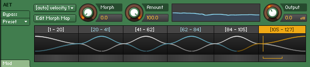 The control panel of the AET Filter module. Shown here is an auto-generated velocity morph across six layers.