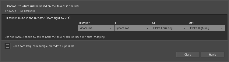 The Auto Mapping dialog, displaying a filename that has been split up into four tokens.