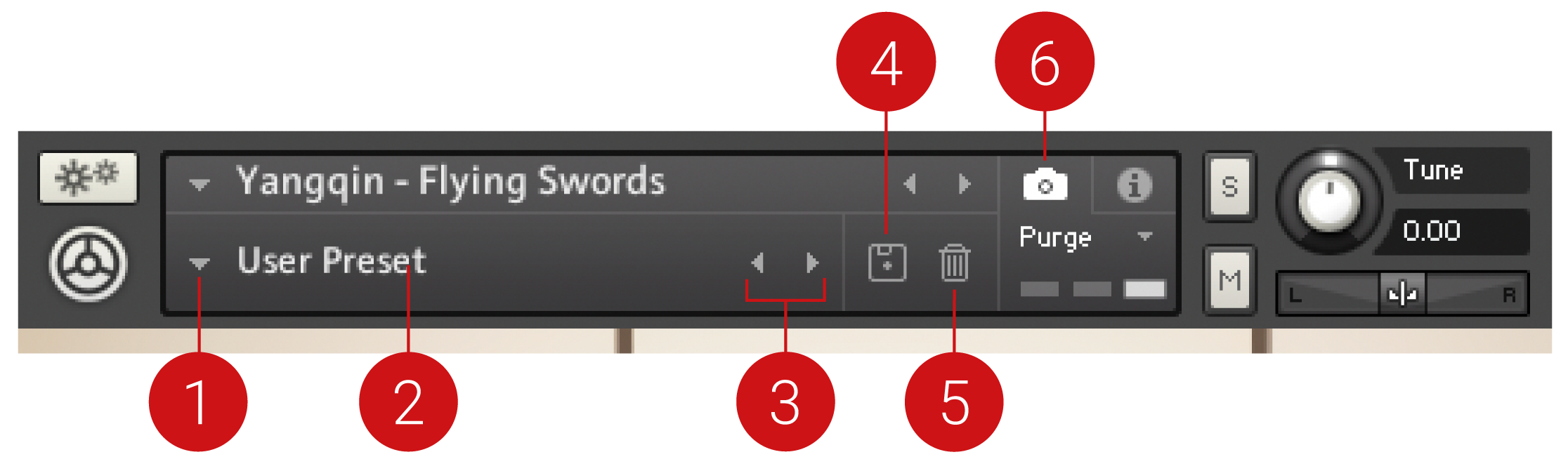 The snapshot menu of the Yangqin instrument. Various interface elements are highlighted. Those are explained below.