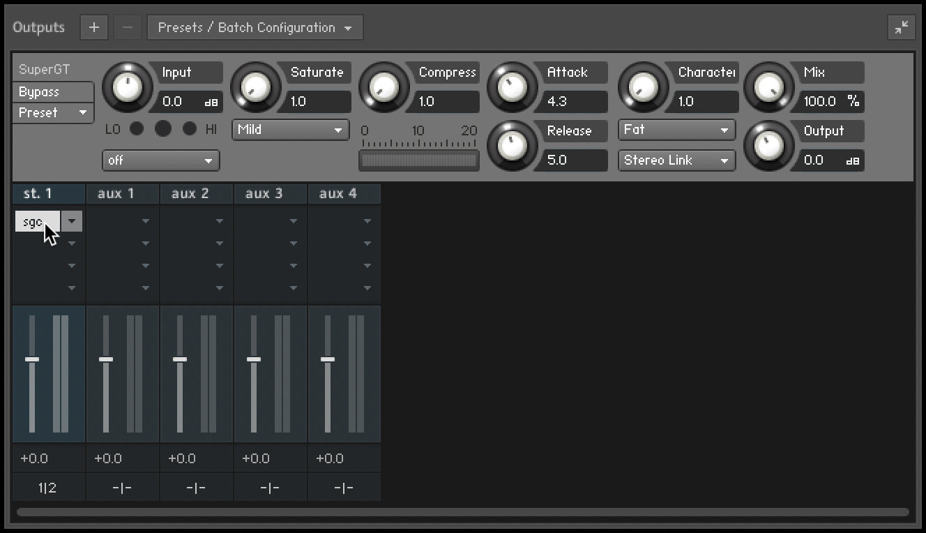 The output channels with effect controls expanded above.
