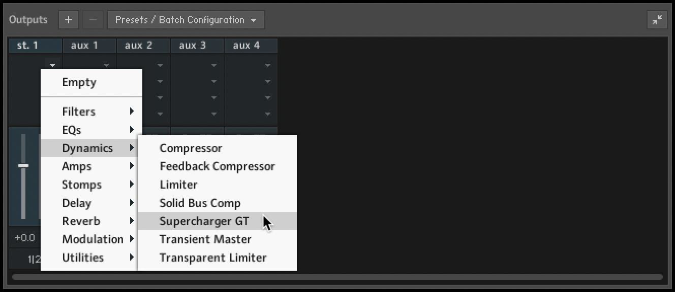 The Output section with the first channel insert slot expanded. In the resulting menu, the mouse hovers over the Supercharger GT dynamics processor.
