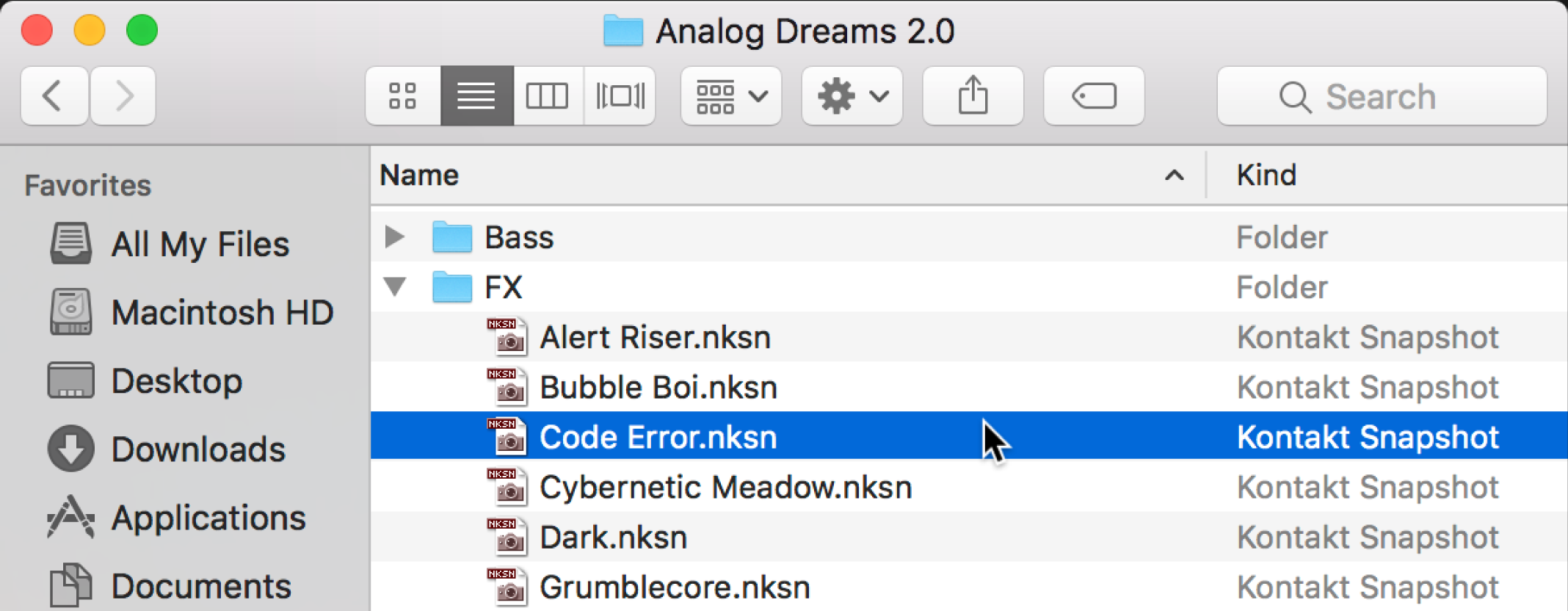 Kontakt player snapshot files displayed in the Mac Os finder.