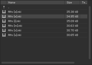 The middle pane of the files browser, displaying samples and instruments and related data such as file size.