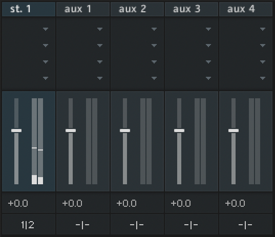 The output channel strips with one stereo Output and four Aux channels.