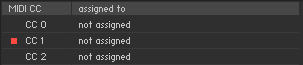 A short excerpt of the MIDI automation tab showing a flashing light next to MIDI CC 1, indicating that MIDI is being received.