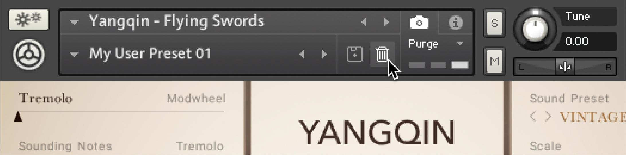 The Yangqin instrument header. The mouse is hovering over the bin icon to delete a user snapshot.